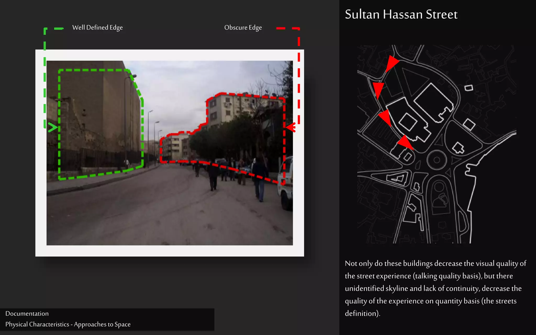 ObscureEdgeWellDefinedEdge
Notonlydo thesebuildingsdecreasethevisualqualityof
thestreetexperience(talkingqualitybasis),butthere
unidentifiedskylineandlack ofcontinuity,decreasethe
qualityoftheexperienceonquantitybasis(thestreets
definition).
Sultan Hassan Street
Documentation
PhysicalCharacteristics -ApproachestoSpace
 