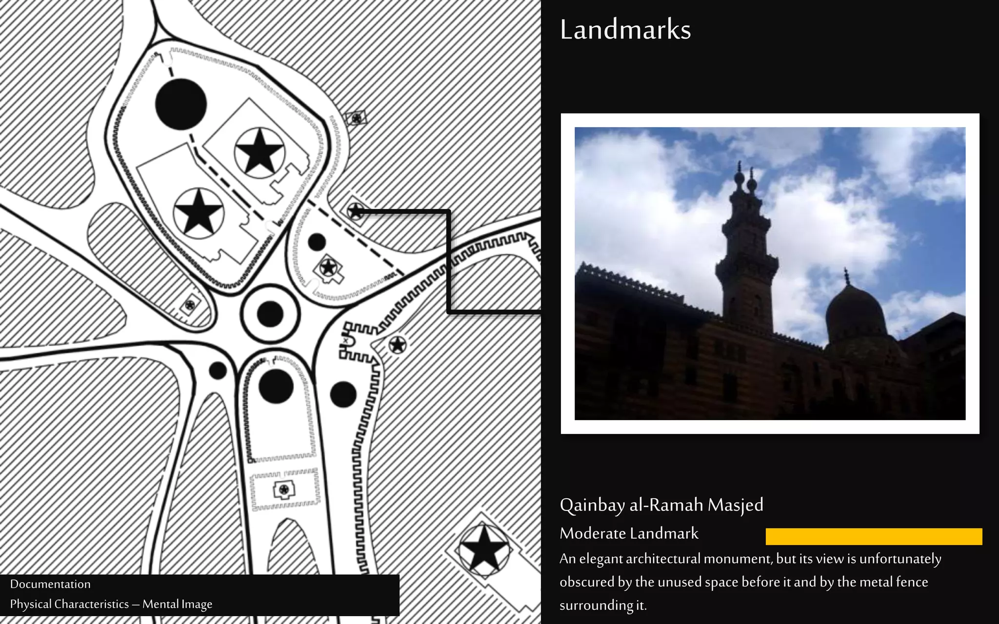 Landmarks
Qainbay al-RamahMasjed
Moderate Landmark
Anelegantarchitecturalmonument,butitsviewisunfortunately
obscuredbytheunusedspacebeforeitand bythemetalfence
surroundingit.
Documentation
PhysicalCharacteristics –MentalImage
 