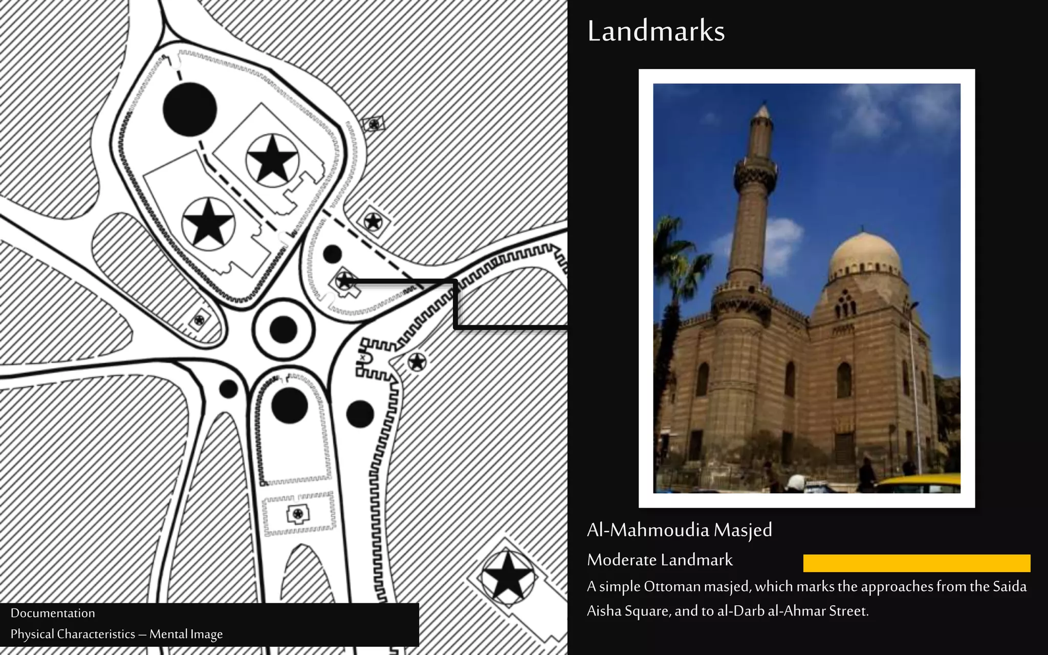 Landmarks
Al-MahmoudiaMasjed
Moderate Landmark
A simpleOttomanmasjed,whichmarkstheapproachesfromtheSaida
AishaSquare,andtoal-Darbal-AhmarStreet.Documentation
PhysicalCharacteristics –MentalImage
 