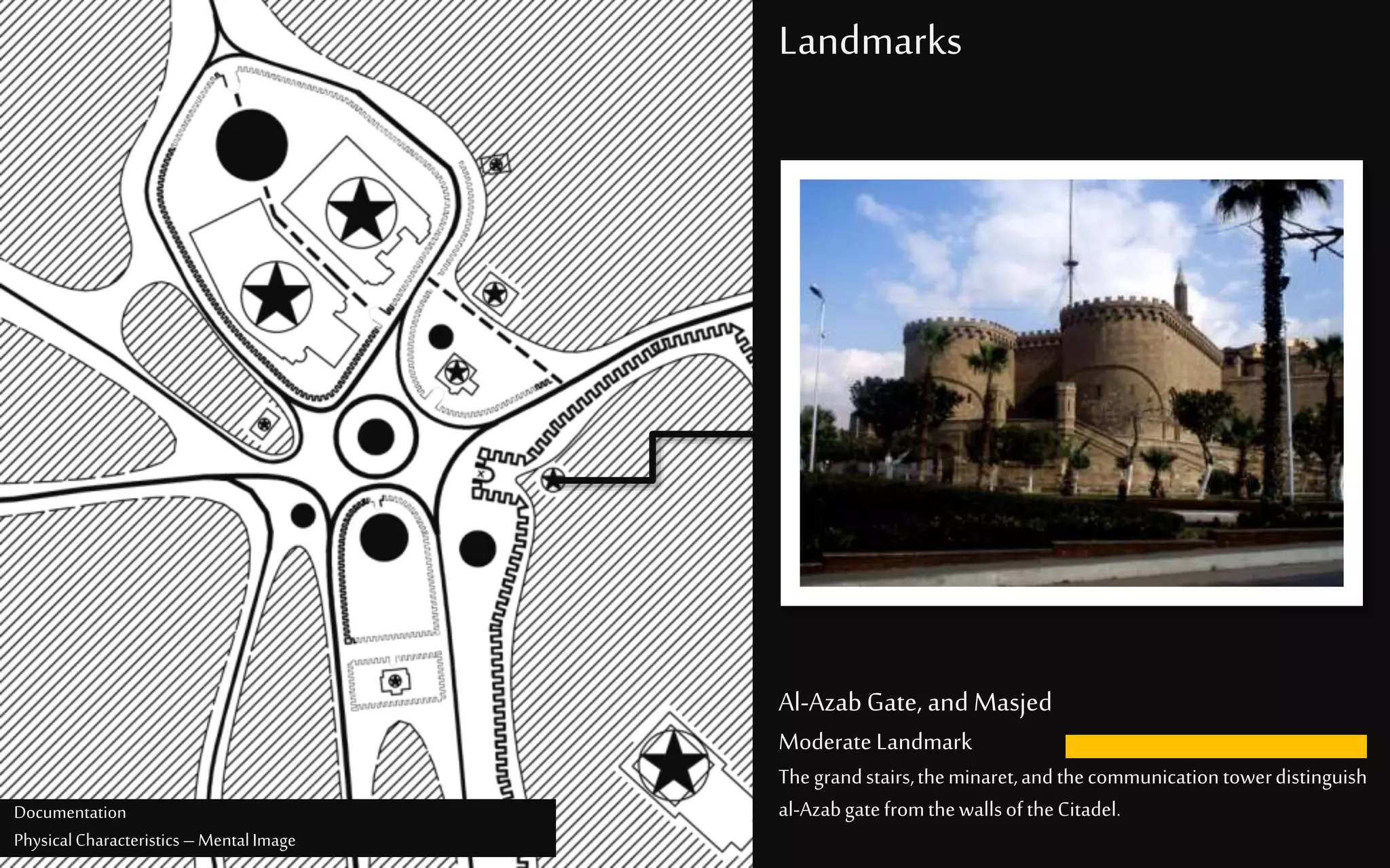 Landmarks
Al-AzabGate, and Masjed
Moderate Landmark
Thegrandstairs,theminaret,andthecommunicationtowerdistinguish
al-AzabgatefromthewallsoftheCitadel.Documentation
PhysicalCharacteristics –MentalImage
 