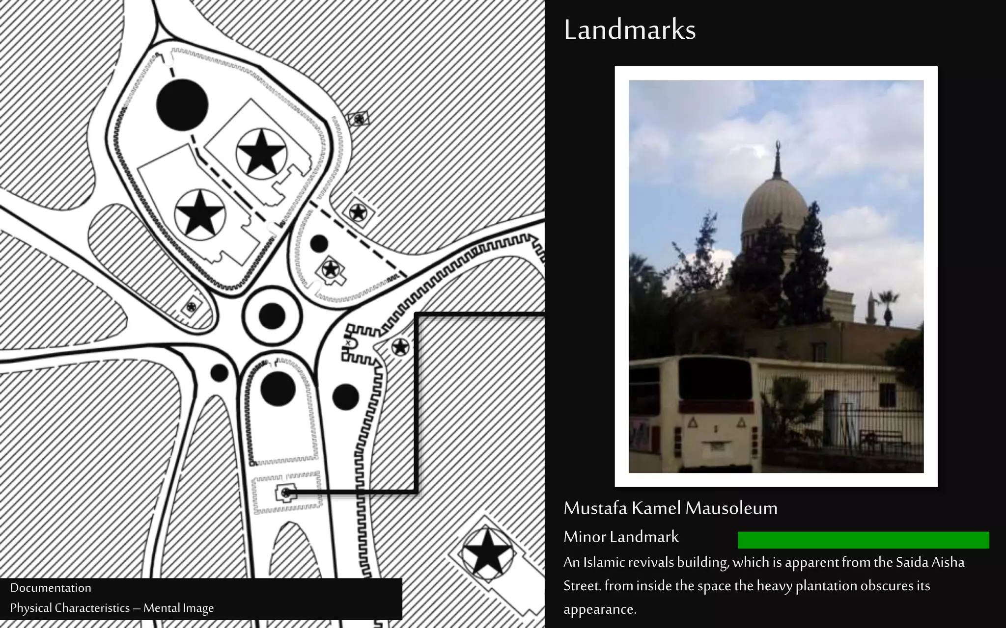 Landmarks
Mustafa Kamel Mausoleum
MinorLandmark
AnIslamicrevivalsbuilding,whichisapparentfromtheSaidaAisha
Street.frominsidethespacetheheavyplantationobscuresits
appearance.
Documentation
PhysicalCharacteristics –MentalImage
 