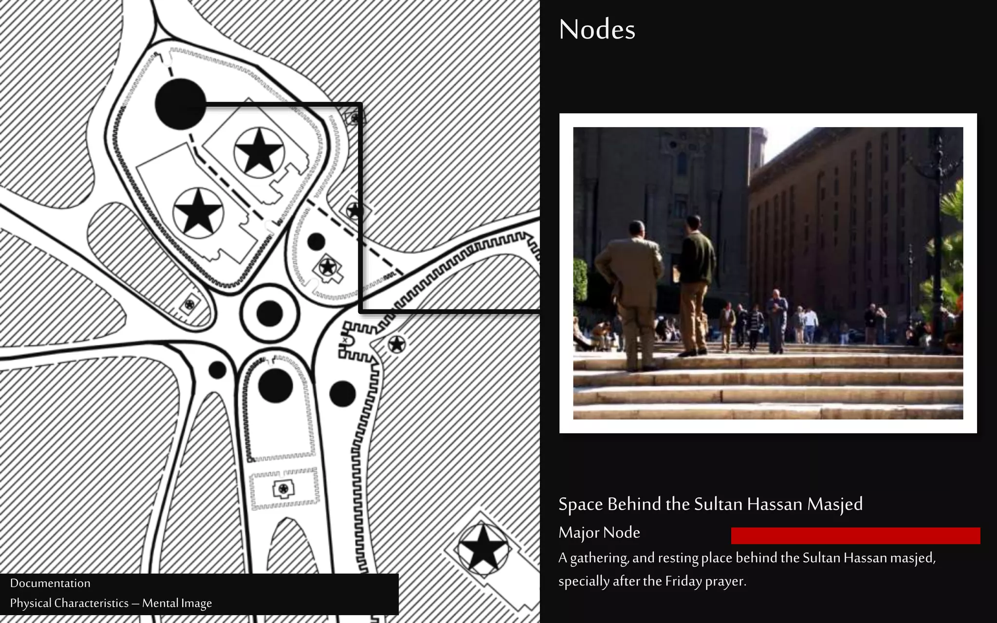 Nodes
Space Behind the Sultan Hassan Masjed
MajorNode
A gathering,andrestingplace behindtheSultanHassanmasjed,
speciallyaftertheFridayprayer.Documentation
PhysicalCharacteristics –MentalImage
 