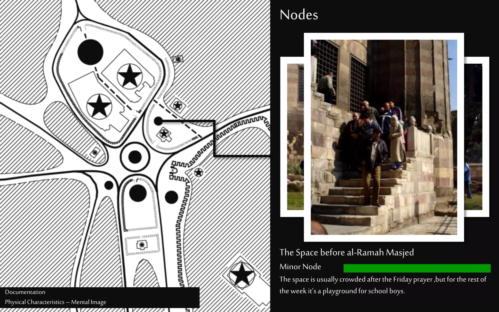 Nodes
TheSpace before al-RamahMasjed
MinorNode
ThespaceisusuallycrowdedaftertheFridayprayer,butfortherestof
theweekit’sa playgroundforschoolboys.Documentation
PhysicalCharacteristics –MentalImage
 