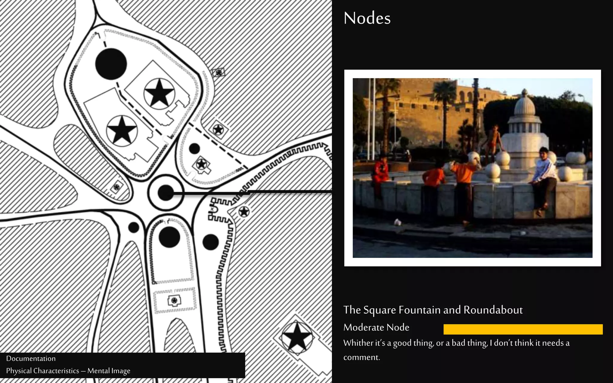 Nodes
TheSquare Fountainand Roundabout
Moderate Node
Whitherit’sagoodthing,orabad thing,I don’tthinkitneedsa
comment.Documentation
PhysicalCharacteristics –MentalImage
 