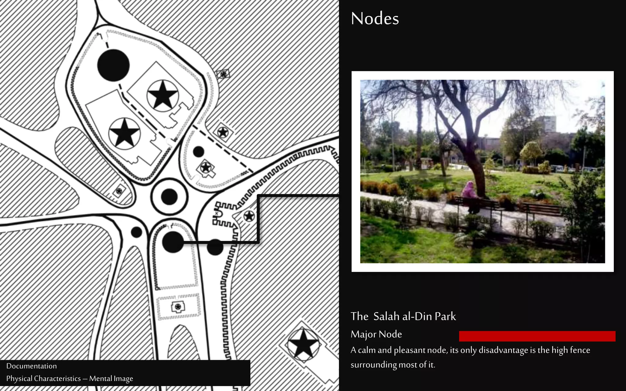Nodes
The Salah al-DinPark
MajorNode
A calmand pleasantnode, itsonlydisadvantageisthehighfence
surroundingmostofit.Documentation
PhysicalCharacteristics –MentalImage
 