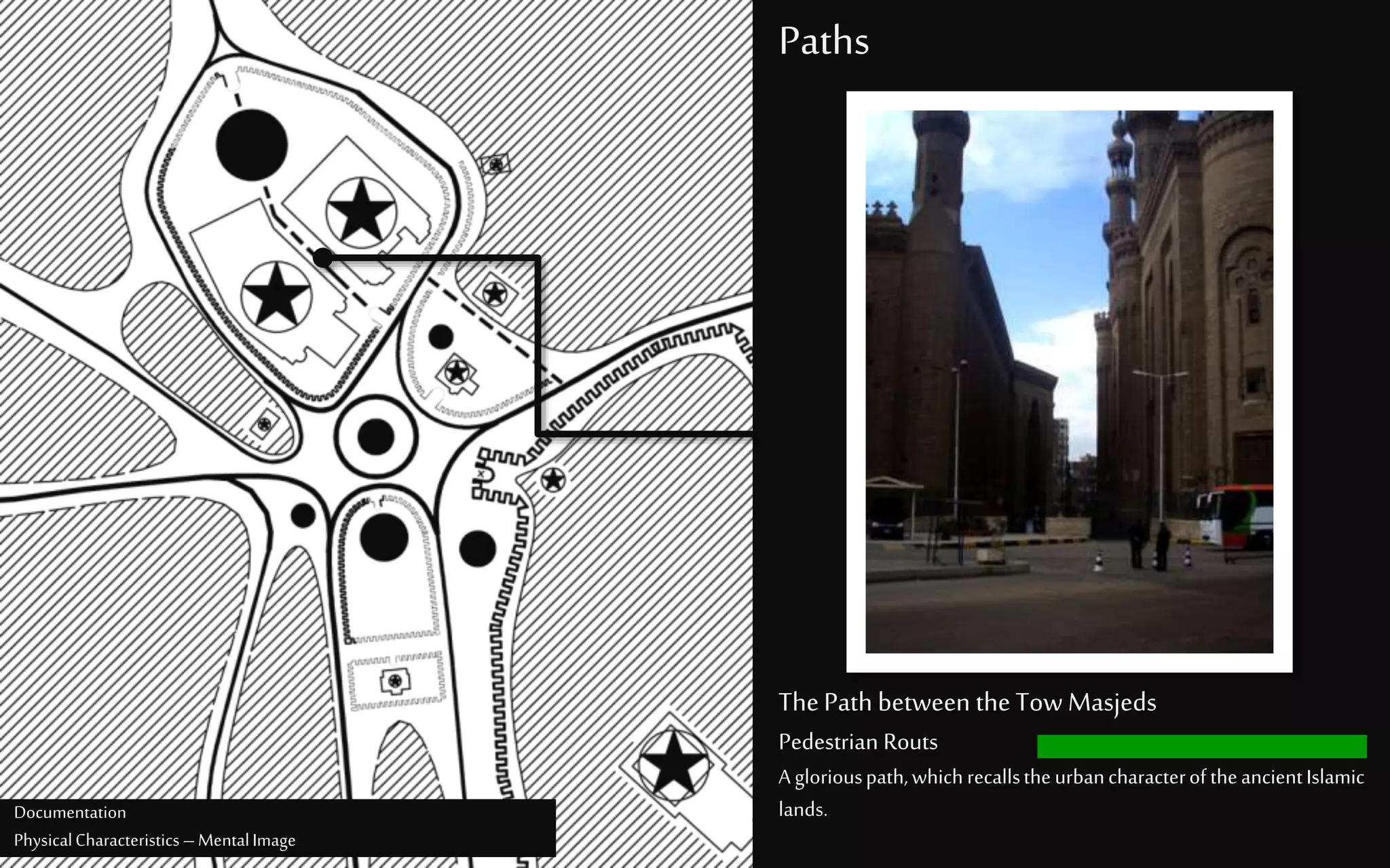 Paths
ThePath between the Tow Masjeds
Pedestrian Routs
A gloriouspath,whichrecallstheurbancharacteroftheancientIslamic
lands.Documentation
PhysicalCharacteristics –MentalImage
 