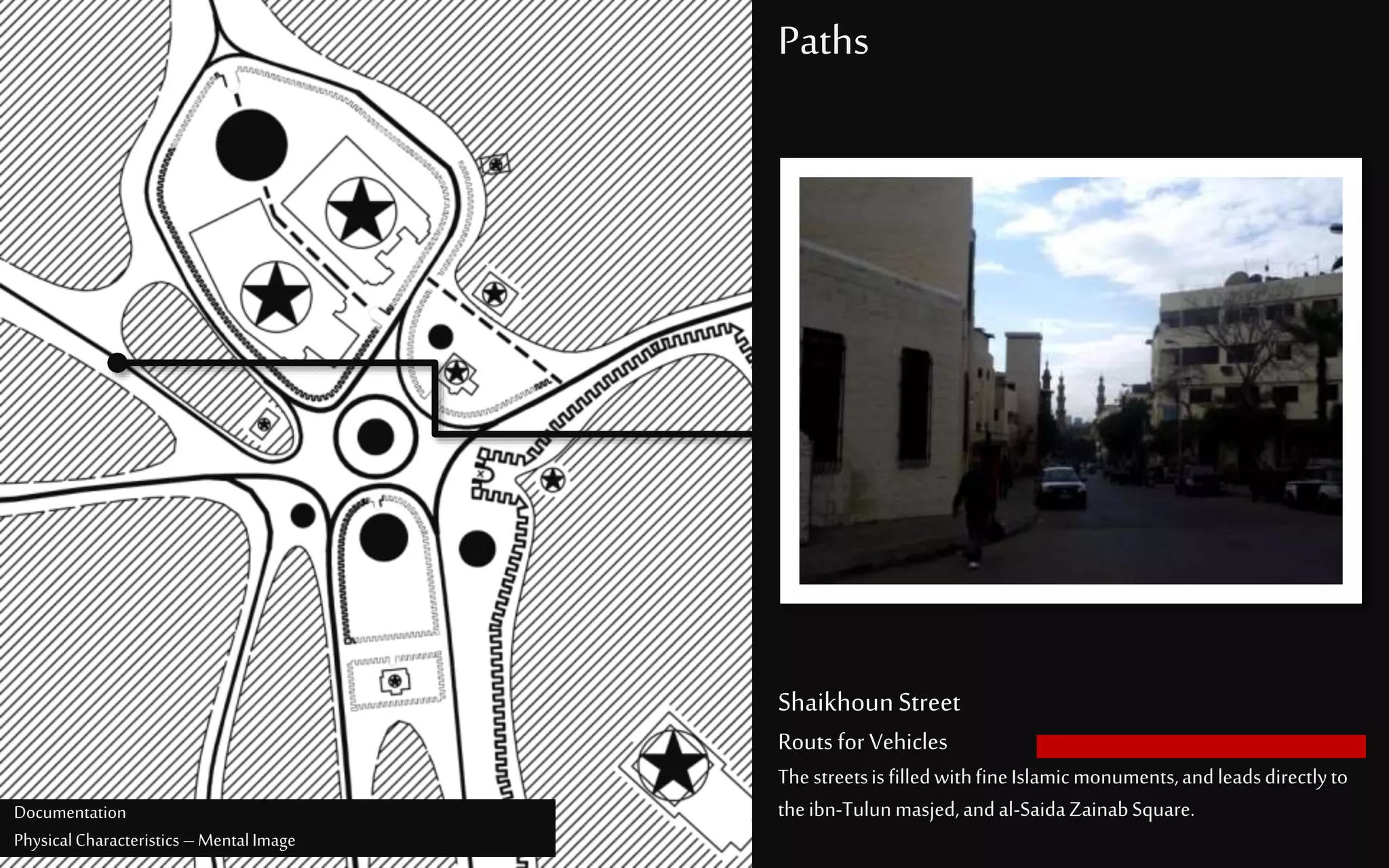 Paths
ShaikhounStreet
Routs for Vehicles
ThestreetsisfilledwithfineIslamicmonuments,andleadsdirectlyto
theibn-Tulunmasjed,andal-SaidaZainabSquare.Documentation
PhysicalCharacteristics –MentalImage
 