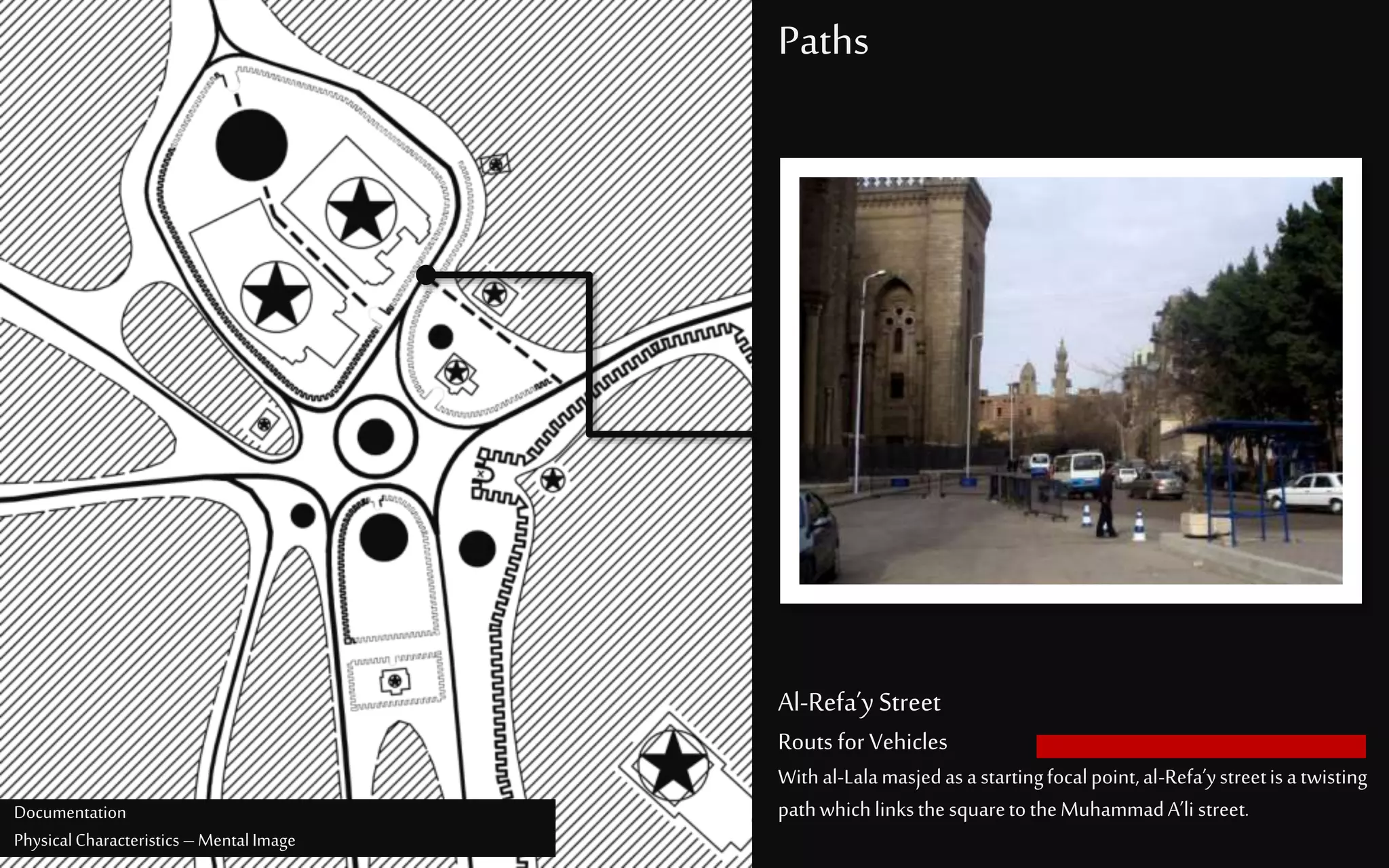Paths
Al-Refa’yStreet
Routs for Vehicles
Withal-Lalamasjedasastartingfocalpoint,al-Refa’ystreetisatwisting
pathwhichlinksthesquaretotheMuhammadA’li street.Documentation
PhysicalCharacteristics –MentalImage
 