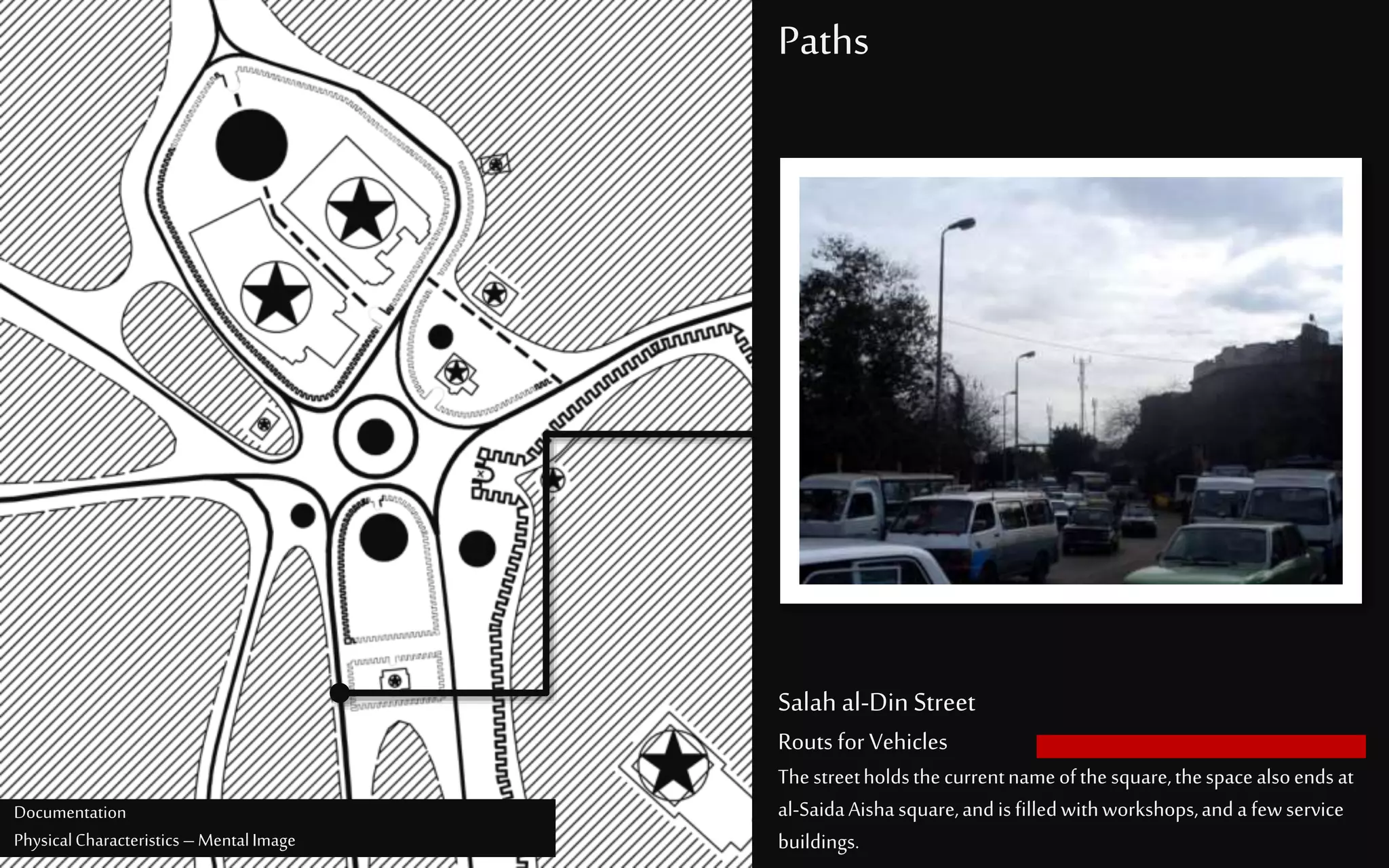 Paths
Salah al-DinStreet
Routs for Vehicles
Thestreetholdsthecurrentnameofthesquare,thespacealsoends at
al-SaidaAishasquare,andisfilledwithworkshops,anda fewservice
buildings.
Documentation
PhysicalCharacteristics –MentalImage
 