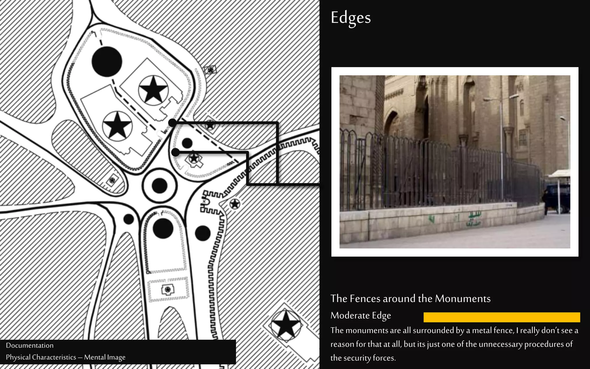 Edges
TheFencesaround the Monuments
Moderate Edge
Themonumentsareall surroundedbya metalfence,Ireallydon’tseea
reasonforthatatall, butitsjustone oftheunnecessaryproceduresof
thesecurityforces.
Documentation
PhysicalCharacteristics –MentalImage
 