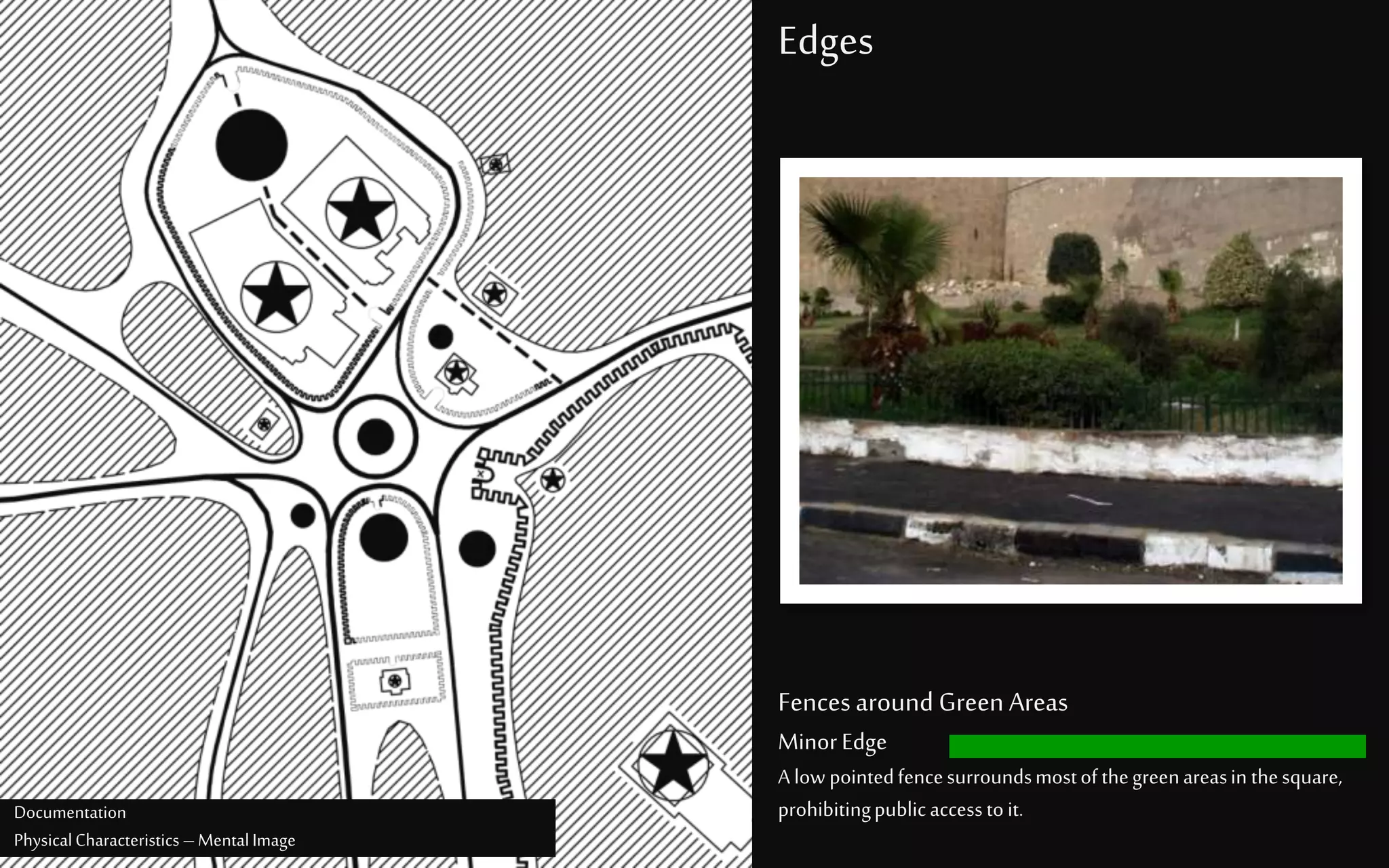 Edges
Fencesaround Green Areas
MinorEdge
A low pointedfencesurroundsmostofthegreenareasin thesquare,
prohibitingpublicaccesstoit.Documentation
PhysicalCharacteristics –MentalImage
 