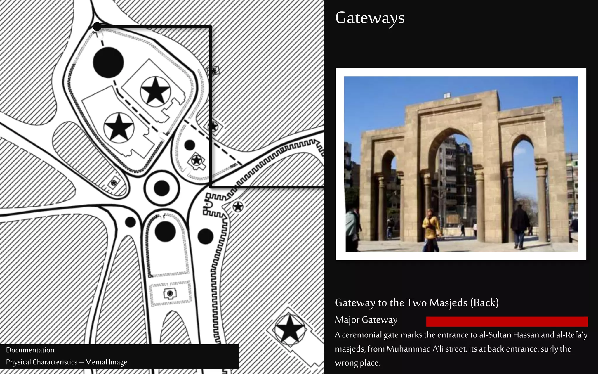 Gateways
Gateway to the Two Masjeds (Back)
MajorGateway
A ceremonialgatemarkstheentrancetoal-SultanHassanandal-Refa’y
masjeds,fromMuhammadA’listreet,itsatback entrance,surlythe
wrongplace.
Documentation
PhysicalCharacteristics –MentalImage
 