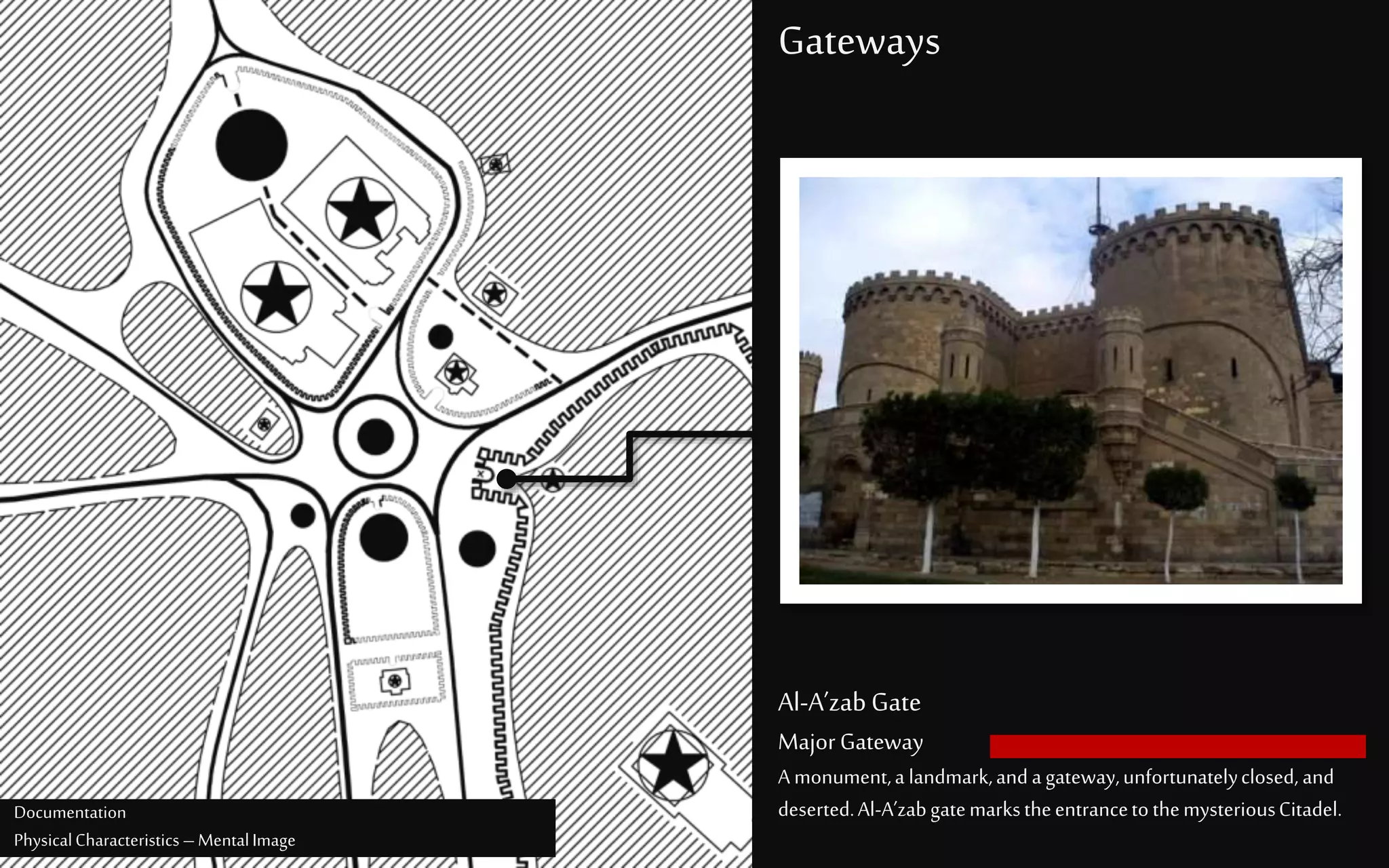 Gateways
Al-A’zabGate
MajorGateway
A monument,a landmark,andagateway,unfortunatelyclosed, and
deserted.Al-A’zabgatemarkstheentrancetothemysteriousCitadel.Documentation
PhysicalCharacteristics –MentalImage
 