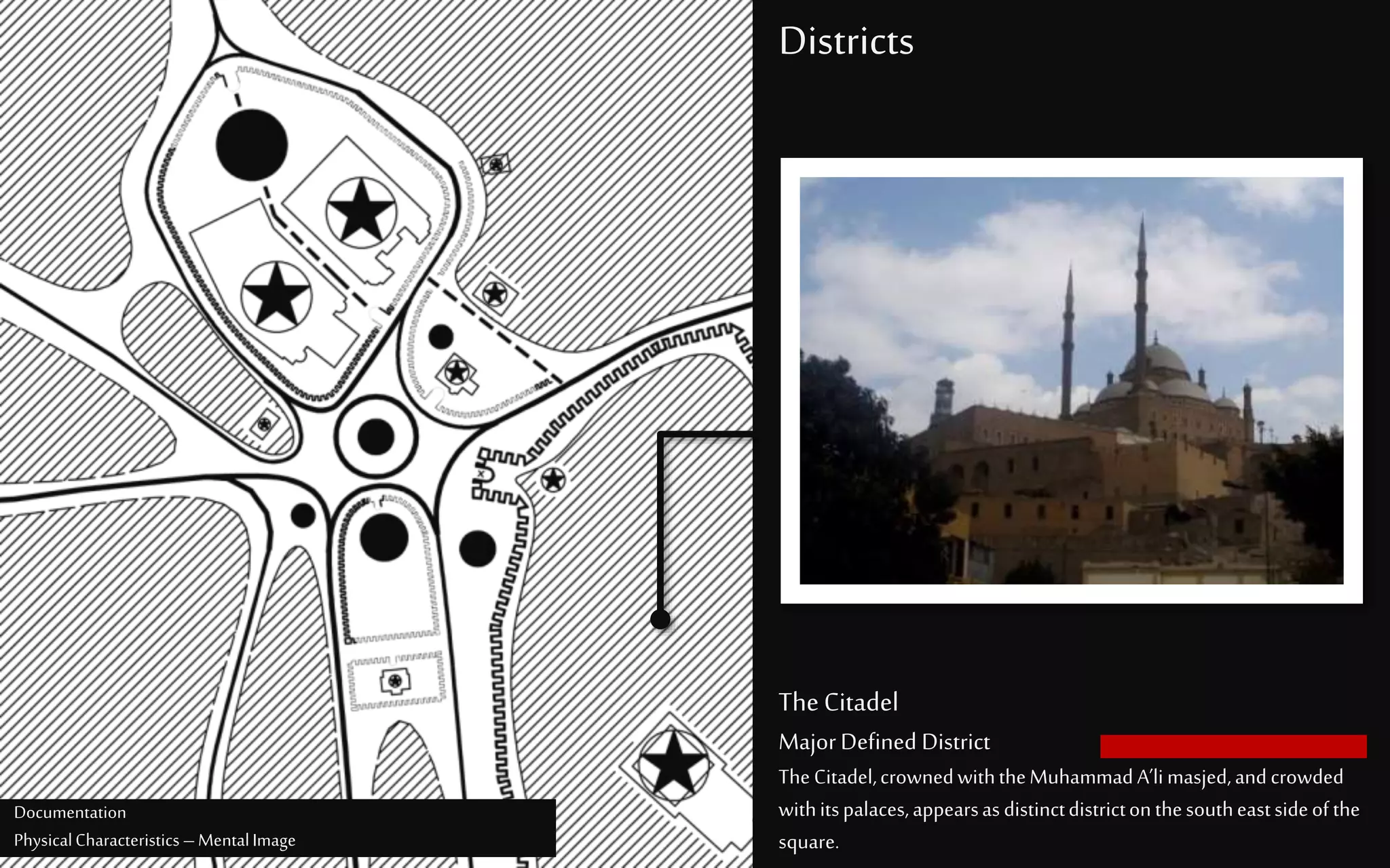 TheCitadel
MajorDefined District
TheCitadel,crownedwiththeMuhammadA’limasjed,andcrowded
withitspalaces,appearsasdistinctdistrictonthesoutheastsideofthe
square.
Districts
Documentation
PhysicalCharacteristics –MentalImage
 
