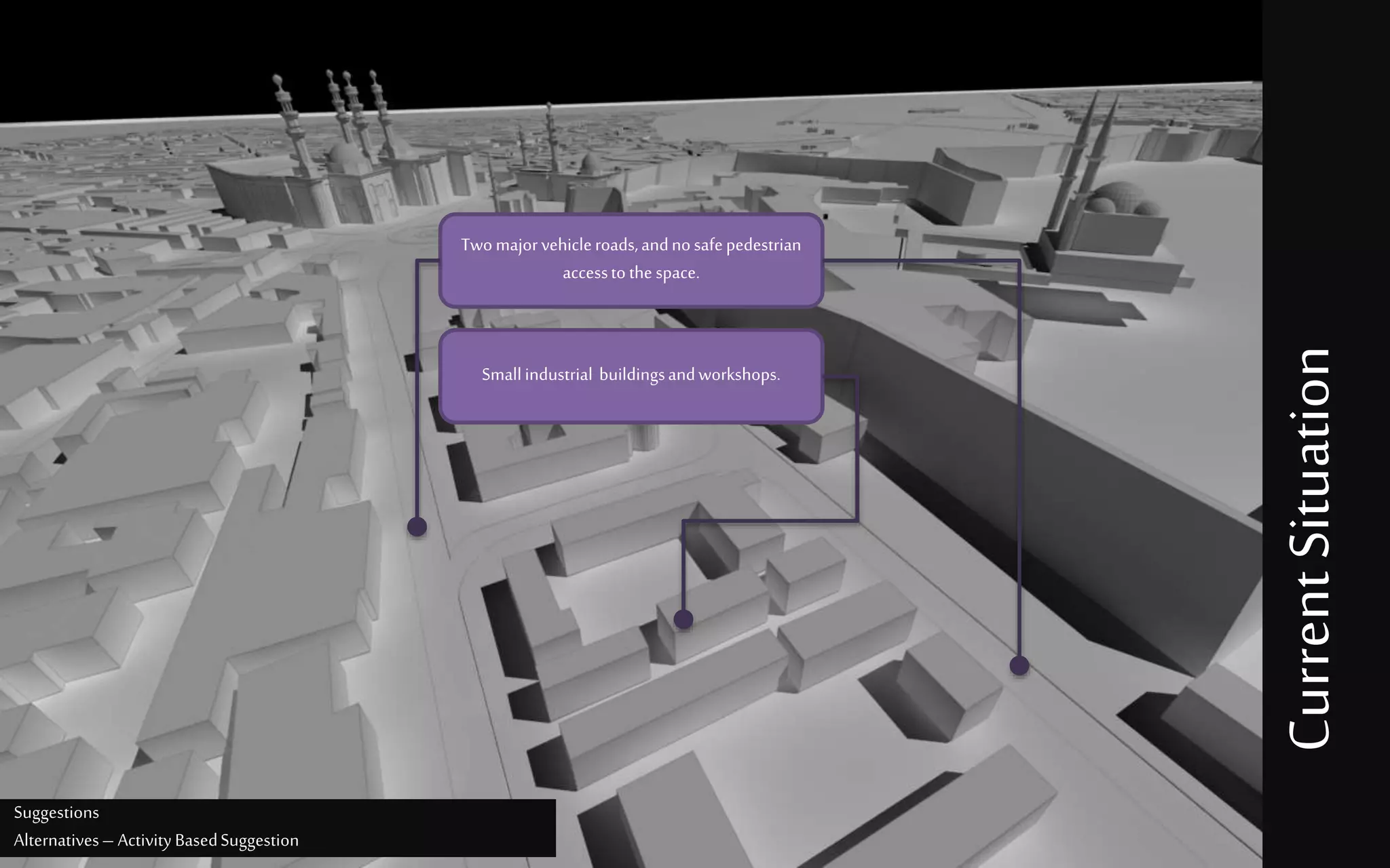 Suggestions
Alternatives– Activity BasedSuggestion
Twomajorvehicleroads,andnosafepedestrian
accessto the space.
Smallindustrial buildingsandworkshops.
CurrentSituation
 