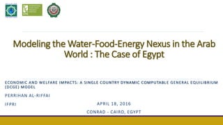 Modeling the Water-Food-Energy Nexus in the Arab
World : The Case of Egypt
ECONOMIC AND WELFARE IMPACTS: A SINGLE COUNTRY DYNAMIC COMPUTABL E GENERAL EQUILIBRIUM
(DCGE) MODEL
PERRIHAN AL-RIFFAI
IFPRI APRIL 18, 2016
CONRAD - CAIRO, EGYPT
 