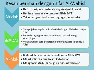 Kesan beriman dengan sifat Al-Wahid
Akidah
• Bersih daripada perbuatan syirik dan khurafat
• Redha menerima ketentuan Allah SWT
• Yakin dengan pembalasan syurga dan neraka
iBADAT
• Mengerjakan segala perintah Allah dengan Ikhlas hati tanpa
riya’
• Berkasih sayang sesama insan tanpa ada sebarang
kepentingan
• Melakukan sesuatu pekerjaan demi mendapat keredhaan
Allah
Akhlak
• Ikhlas dalam setiap amalan kerana Allah SWT
• Mendisplinkan diri dalam kehidupan
• Menghormati ibubapa, guru dan masyarakat
 