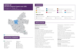SEBRAE-SP
Escritório Regional Capital Leste I (ER)

LEGENDAS
TEMAS:

Rua Itapura, 270 - Tatuapé - SP
(11) 2225-2177 | ercleste@sebraesp.com.br

Eventos	

Administração	

Associativismo e Cooperativismo

Comércio Exterior	

Empreendedorismo	

Finanças	

Gestão de Pessoas

Inovação	

Legislação	

Marketing	

Planejamento

PÚBLICO-ALVO:

6

PE Potencial Empresário	
ME Microempresa	

4

3

14
7

8

1

13

15

2

11
12

Escritório Regional Capital Leste I

DISTRITOS ATENDIDOS
PA Sapopemba
1. Água Rasa
2. Aricanduva
3. Artur Alvim
4. Belém
5. Brás
6. Cangaíba
7. Carrão

PR Produtor Rural	

EPP Empresa de Pequeno Porte
PJ Pessoa Jurídica

10

9
5

MEI Microempreendedor Individual	
PF Pessoa Física	

8. Mooca
9. Pari
10. Penha
11. São Lucas
12. Sapopemba
13. Vila Formosa
14. Vila Matilde
15. Vila Prudente

NESTA EDIÇÃO
Palestra de Apresentação:
EMPRETEC
Sebrae mais: Gestão financeira
Palestras:
Aumente suas vendas
Como criar e manter uma equipe motivada
Como fazer marketing de relacionamento
Como se tornar microempreendedor individual
Como vender pela internet
Conheça seu mercado
Conquiste seu cliente
Controle seu estoque e não perca dinheiro
Divulgue sua empresa
Encontros sobre inovação: modernize sua loja
Gerenciando fluxo de caixa dia
Indicadores de resultados
Melhore a relação com o seu cliente
Organize o caixa da sua empresa
e não perca dinheiro
Organize seus processos para crescer
O que é e como usar o marketing direto

Planejamento, programação e controle
da produção
Planejamento: O primeiro passo
para começar seu negócio
Planeje suas vendas
Por dentro dos custos, despesas
e preço de venda
Saiba como fazer marketing de serviços
Saiba como fazer um plano de marketing
Satisfaça e encante seus clientes
Torne sua empresa mais atrativa
Tudo que o microempreendedor individual
precisa saber para estar legal
Oficinas:
Aprenda a fazer fluxo de caixa
Desenvolva sua empresa
Plano de marketing na medida
Cursos:
Aprender a empreender
Aprender a empreender sabor e gestão

 