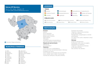 1
2
3
4
5
6
7
8
9
10
11
12
13
14
15
16
17
1819
21
22
Escritório Regional Barretos
MUNICÍPIOS ATENDIDOS
1. Altair
2. Ariranha
3. Bebedouro
4. Cajobi
5. Colina
6. Colômbia
7. Embaúba
8. Guaíra
9. Guaraci
10. Icém
11. Ipuã
12. Jaborandi
13. Morro Agudo
14. Monte Azul Paulista
15. Paraíso
16. Pirangi
17. Severínia
18. Taiúva
19. Taiaçu
20. Taquaral
21. Terra Roxa
22. Viradouro
20
Sebrae-SP Barretos
Rua 14, 735 - Centro - Barretos - SP
(17) 3323-2899 | erbarretos@sebraesp.com.br
Nesta edição
LEGENDAS
TEMAS:
Eventos	 Administração	 Associativismo e Cooperativismo
Comércio Exterior	 Empreendedorismo	 Finanças	 Gestão de Pessoas
Inovação	 Legislação	 Marketing	 Planejamento
Público-alvo:
PE Potencial Empresário	 MEI Microempreendedor Individual	 EPP Empresa de Pequeno Porte
ME Microempresa	 PF Pessoa Física	 PR Produtor Rural	 PJ Pessoa Jurídica
Eventos:
Agrifam
Dia do pescador
Dia do produtor rural
Missão para a Francal
Sebrae Móvel
Tributação
Workshop beleza empreendedora:
evite reclamações e reduza custos
Palestra de apresentação:
EMPRETEC
Inova loja álbum
Palestras:
Como lidar com a inadimplência
Como se tornar microempreendedor individual
Fortaleça sua marca
Como mapear os processos da sua empresa
Como vender mais e melhor: dia dos pais
Controle seu estoque e não perca dinheiro
Aumente suas vendas
Organize o caixa da sua empresa
e não perca dinheiro
Planejamento, programação e controle
da produção
Por dentro dos custos, despesas e preço
de venda
Oficinas:
Invista no planejamento
Na Medida: como criar uma página
empresarial no Facebook
Organize o caixa da sua empresa
e não perca dinheiro
SEI controlar meu dinheiro
 