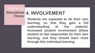 OBE as an
Theory
Educational 4. INVOLVEMENT
Students are expected to do their own
learning, so that they gain a full
understanding of the material.
Increased student involvement allows
student to feel responsible for their own
learning, and they should learn more
through this individual learning.
 