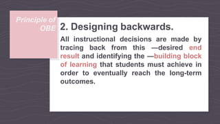 Principle of
OBE 2. Designing backwards.
All instructional decisions are made by
tracing back from this ―desired end
result and identifying the ―building block
of learning that students must achieve in
order to eventually reach the long-term
outcomes.
 