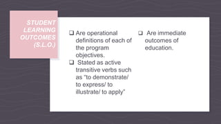  Are operational
definitions of each of
the program
objectives.
 Stated as active
transitive verbs such
as “to demonstrate/
to express/ to
illustrate/ to apply”
STUDENT
LEARNING
OUTCOMES
(S.L.O.)
 Are immediate
outcomes of
education.
 