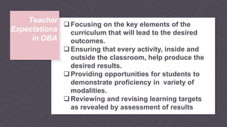 Teacher
Expectations
in OBA
Focusing on the key elements of the
curriculum that will lead to the desired
outcomes.
Ensuring that every activity, inside and
outside the classroom, help produce the
desired results.
Providing opportunities for students to
demonstrate proficiency in variety of
modalities.
Reviewing and revising learning targets
as revealed by assessment of results
 