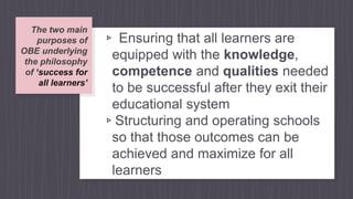 The two main
purposes of
OBE underlying
the philosophy
of ‘success for
all learners’
▹ Ensuring that all learners are
equipped with the knowledge,
competence and qualities needed
to be successful after they exit their
educational system
▹Structuring and operating schools
so that those outcomes can be
achieved and maximize for all
learners
 