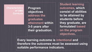 Characteristics
of OBE
Curricula
Program
objectives
address the
graduates
attainment within
3-5 years after
their graduation.
Student learning
outcomes, which
consist of abilities
to be attained by
students before
they graduate, are
formulated based
on the program
objectives.
Every learning outcome is intentional and
therefore the outcomes must be assessed using
suitable performance indicators.
 
