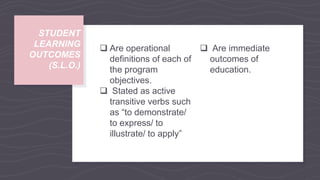  Are operational
definitions of each of
the program
objectives.
 Stated as active
transitive verbs such
as “to demonstrate/
to express/ to
illustrate/ to apply”
STUDENT
LEARNING
OUTCOMES
(S.L.O.)
 Are immediate
outcomes of
education.
 