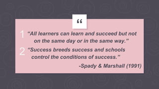 “
“All learners can learn and succeed but not
on the same day or in the same way.”
“Success breeds success and schools
control the conditions of success.”
-Spady & Marshall (1991)
1
2
 