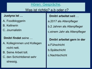Hören: Gespräche.
Was ist richtig? a,b oder c?
Justyna ist …
A. Foodbloggerin
B. Kellnerin
C. Journalistin
Dmitri findet seine …
A. Kolleginnnen und Kollegen
nicht nett.
B. Seine Arbeit toll.
C. den Schichtdienst sehr
stressig.
Dmitri arbeitet seit …
a.2017 als Altenpfleger
b.2 Jahren als Altenpfleger
c.einem Jahr als Altenpfleger
Dmitri arbeitet gern in der
a.Fühschicht
b.Spätschicht
c.Nachtschicht
 