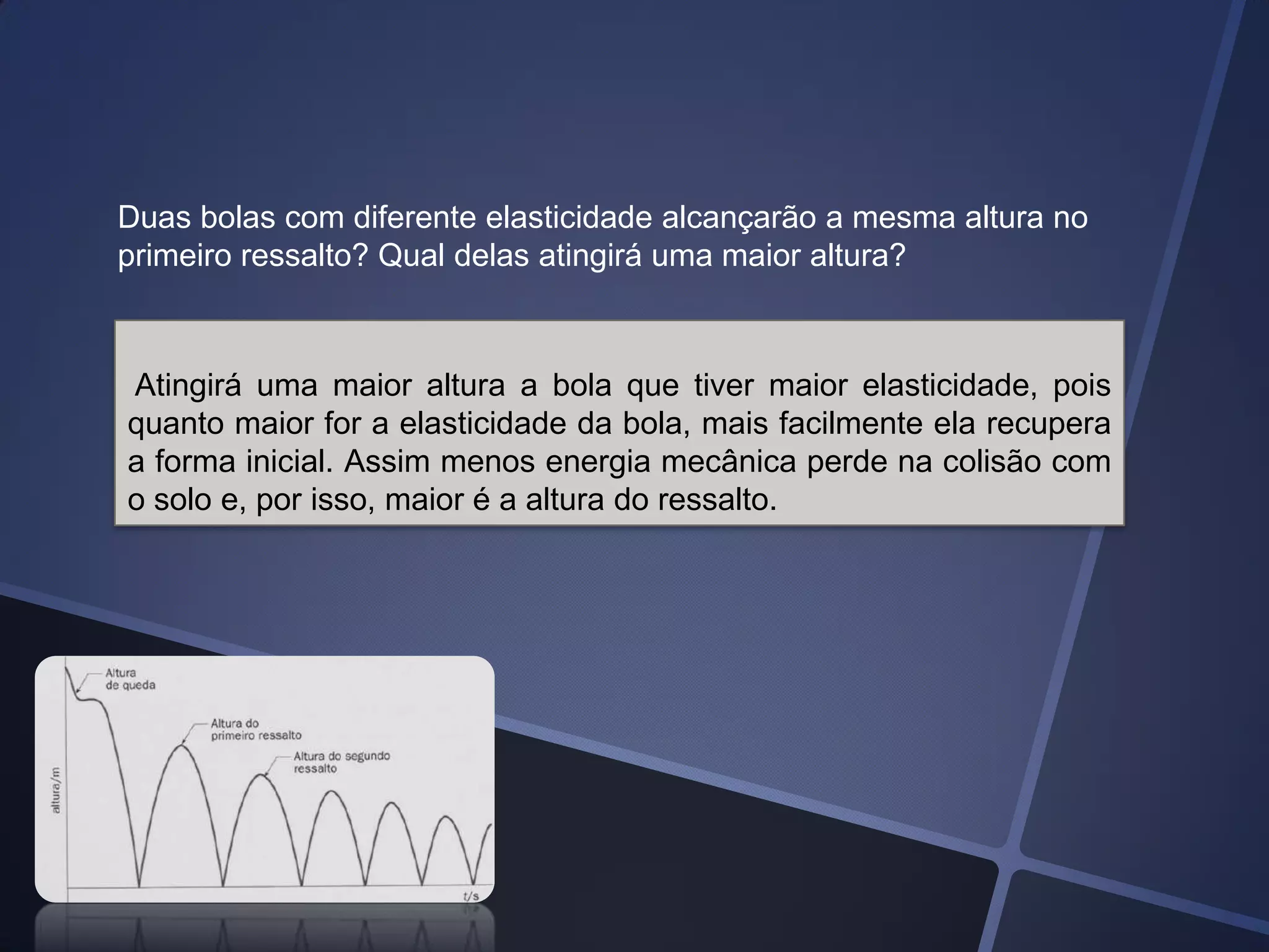 Duas bolas com diferente elasticidade alcançarão a mesma altura no
primeiro ressalto? Qual delas atingirá uma maior altura?

Atingirá uma maior altura a bola que tiver maior elasticidade, pois
quanto maior for a elasticidade da bola, mais facilmente ela recupera
a forma inicial. Assim menos energia mecânica perde na colisão com
o solo e, por isso, maior é a altura do ressalto.

 