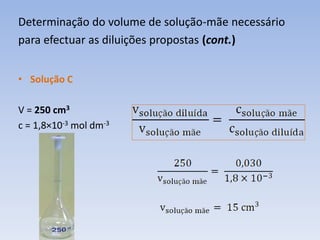 Determinação do volume de solução-mãe necessário
para efectuar as diluições propostas (cont.)
• Solução C
V = 250 cm3
c = 1,8×10-3 mol dm-3
 