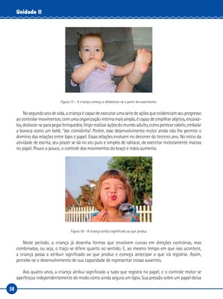 58
Unidade II
Figura 17 – A criança começa a alfabetizar-se a partir do nascimento.
Nosegundoanodevida,acriançaécapazdeexecutarumasériedeaçõesqueevidenciamseuprogresso
ao controlar movimentos; com uma organização interna mais ampla, é capaz de empilhar objetos, encaixá-
los,deslocar-separapegarbrinquedos,fingirrealizaraçõesdomundoadulto,comopentearcabelo,embalar
a boneca como um bebê, “dar comidinha”. Porém, esse desenvolvimento motor ainda não lhe permite o
domínio das relações entre lápis e papel. Essas relações evoluem no decorrer do terceiro ano. No início da
atividade de escrita, seu prazer se dá no ato puro e simples de rabiscar, de exercitar motoramente marcas
no papel. Pouco a pouco, o controle dos movimentos do braço e mãos aumenta.
Figura 18 – A criança atribui significado ao que produz
Neste período, a criança já desenha formas que envolvem curvas em direções contrárias, mas
combinadas, ou seja, o traço se difere quanto ao sentido. E, ao mesmo tempo em que isso acontece,
a criança passa a atribuir significado ao que produz e começa antecipar o que irá registrar. Assim,
percebe-se o desenvolvimento de sua capacidade de representar coisas ausentes.
Aos quatro anos, a criança atribui significado a tudo que registra no papel, e o controle motor se
aperfeiçoa independentemente do modo como ainda segura um lápis. Sua pressão sobre um papel deixa
 