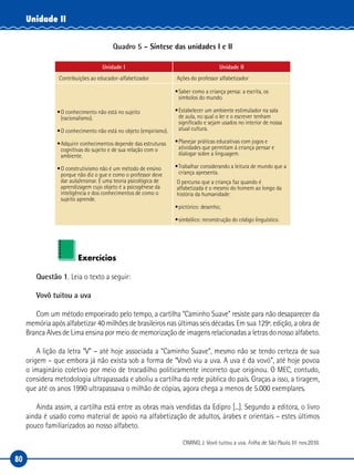 80
Unidade II
Quadro 5 – Síntese das unidades I e II
Unidade I Unidade II
Contribuições ao educador-alfabetizador Ações do professor alfabetizador
•O conhecimento não está no sujeito
(racionalismo).
•O conhecimento não está no objeto (empirismo).
•Adquirir conhecimentos depende das estruturas
cognitivas do sujeito e de sua relação com o
ambiente.
•O construtivismo não é um método de ensino
porque não diz o que e como o professor deve
dar aula/ensinar. É uma teoria psicológica de
aprendizagem cujo objeto é a psicogênese da
inteligência e dos conhecimentos de como o
sujeito aprende.
•Saber como a criança pensa: a escrita, os
símbolos do mundo.
•Estabelecer um ambiente estimulador na sala
de aula, no qual o ler e o escrever tenham
significado e sejam usados no interior de nossa
atual cultura.
•Planejar práticas educativas com jogos e
atividades que permitam à criança pensar e
dialogar sobre a linguagem.
•Trabalhar considerando a leitura de mundo que a
criança apresenta.
O percurso que a criança faz quando é
alfabetizada é o mesmo do homem ao longo da
história da humanidade:
•pictórico: desenho;
•simbólico: reconstrução do código linguístico.
Exercícios
Questão 1. Leia o texto a seguir:
Vovô tuitou a uva
Com um método empoeirado pelo tempo, a cartilha “Caminho Suave” resiste para não desaparecer da
memória após alfabetizar 40 milhões de brasileiros nas últimas seis décadas. Em sua 129ª. edição, a obra de
Branca Alves de Lima ensina por meio de memorização de imagens relacionadas a letras do nosso alfabeto.
A lição da letra “V” – até hoje associada a “Caminho Suave”, mesmo não se tendo certeza de sua
origem – que embora já não exista sob a forma de “Vovô viu a uva. A uva é da vovó”, até hoje povoa
o imaginário coletivo por meio de trocadilho politicamente incorreto que originou. O MEC, contudo,
considera metodologia ultrapassada e aboliu a cartilha da rede pública do país. Graças a isso, a tiragem,
que até os anos 1990 ultrapassava o milhão de cópias, agora chega a menos de 5.000 exemplares.
Ainda assim, a cartilha está entre as obras mais vendidas da Edipro [...]. Segundo a editora, o livro
ainda é usado como material de apoio na alfabetização de adultos, árabes e orientais – estes últimos
pouco familiarizados ao nosso alfabeto.
CIMINO, J. Vovô tuitou a uva. Folha de São Paulo, 01 nov.2010.
 