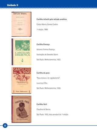 52
Unidade II
Cartilha infantil pelo método analítico
Carlos Alberto Gomes Cardim.
1ª edição, 1908.
Cartilha Proença
Antonio Firmino Proença.
Ilustrações de Oswaldo Storni.
São Paulo: Melhoramentos, 1923.
Cartilha do povo
“Para ensinar a ler rapidamente”.
Lourenço Filho.
São Paulo: Melhoramentos, 1939.
Cartilha fácil
Claudina de Barros.
São Paulo: 1932, data provável da 1ª edição.
 