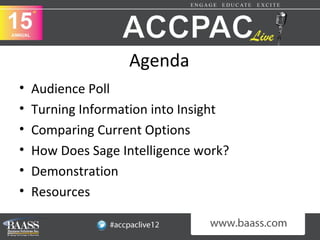 Agenda
•   Audience Poll
•   Turning Information into Insight
•   Comparing Current Options
•   How Does Sage Intelligence work?
•   Demonstration
•   Resources
 