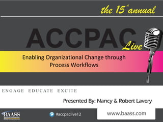 Enabling Organizational Change through
          Process Workflows




               Presented By: Nancy & Robert Lavery
 