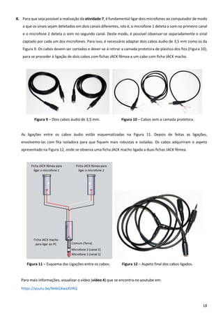 18
8. Para que seja possível a realização da atividade 7, é fundamental ligar dois microfones ao computador de modo
a que os sinais sejam detetados em dois canais diferentes, isto é, o microfone 1 deteta o som no primeiro canal
e o microfone 2 deteta o som no segundo canal. Deste modo, é possível observar-se separadamente o sinal
captado por cada um dos microfones. Para isso, é necessário adaptar dois cabos áudio de 3,5 mm como os da
Figura 9. Os cabos devem ser cortados e dever-se-á retirar a camada protetora de plástico dos fios (Figura 10),
para se proceder à ligação de dois cabos com fichas JACK fêmea a um cabo com ficha JACK macho.
Figura 9 – Dois cabos áudio de 3,5 mm. Figura 10 – Cabos sem a camada protetora.
As ligações entre os cabos áudio estão esquematizadas na Figura 11. Depois de feitas as ligações,
envolvemo-las com fita isoladora para que fiquem mais robustas e isoladas. Os cabos adquiriram o aspeto
apresentado na Figura 12, onde se observa uma ficha JACK macho ligada a duas fichas JACK fêmea.
Figura 11 – Esquema das Ligações entre os cabos. Figura 12 – Aspeto final dos cabos ligados.
Para mais informações, visualizar o vídeo (vídeo 4) que se encontra no youtube em:
https://youtu.be/NHkGXwaXVRQ
 