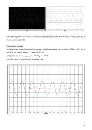 33
Estes gráficos podem ser usados pelos professores na elaboração de fichas de trabalho, por exemplo, para que os
alunos calculem o período.
Vejamos este exemplo.
Na figura (seta a tracejado) pode verificar-se que 4 oscilações completas correspondem a 3,75 ms – 1,25 ms, ou
seja, 2,50 ms. Então, o período, 𝑇, é igual a 0, 625 ms.
A frequência é: 𝑓 = = , ×
= 1600 ⟺ 𝑓 = 1600 Hz.
Este valor é igual ao selecionado no gerador PA Tone.
 