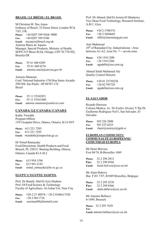 BRAZIL/ LE BRÉSIL/ EL BRASIL                           Prof. Dr Ahmed Abd El-Aziem-El Sharkawy
                                                       Vice Dean Food Technology, Research Institute,
M Christina M. Dos Anjos                               A.R.C, Giza.
Embassy of Brazil, 32 Green Street, London W1k
7AT, UK.                                               Phone:   +20 2 5706576
Phone: +44 0207 399 9268/ 9000                         Fax:     +20 2 5684669
Fax:     +44 0207 399 9100                             Email:   nlftri@internetegypt.com
Email: mcanjos@brazil.org.uk
Antonia Maria de Aquino                                Amr Mahmoud
Manager, Special Products, Ministry of Health,         10th of Ramadan City, Industrialzone –Area
SEPN 515 Bloco B-Ed, Omega, CEP 70.770-502,            between A1-A2, Area No. 7 = savola sime.
Brasilia-DF.
                                                       Phone:   +20 15411200
                                                       Fax:     +20 15411204
Phone:    55 61 448 6289
                                                       Email:   agadalla@sse.com.eg
Fax:      55 61 448 6274
Email:    antonia.maria@anvisa.gov.br
                                                       Ahmed Saleh Mohamed Aly
                                                       Quality Control Director
Antonio Mantoan
Conf. National Industria- CNI Rua Santa Arcadio        Phone:   +20 01 23730228
290/304, Sao Paulo –SP 04707-110                       Fax:     +20 02 595728
Brazil                                                 Email:   agadalla@sse.com.eg

Phone:    55 11 55362851
Fax:      55 11 55361400                               EL SALVADOR
Email:   antonio.mantoan@unilever.com
                                                       Ricardo Harrison
                                                       Colonia Medica, Av. Dr Emilio Alvarez Y Pje Dr
CANADA/ LE CANADA/ CANADÁ                              Guillermo Rodriguez No51, San Salvador, El
Kathy Twardek                                          Salvador
Program Officer
159 Cleopatra Drive, Ottawa, Ontario, K1A 0Y9          Phone:   503 226 2800
                                                       Fax:     503 225 6255
Phone:   613 221 7203                                  Email:   rharri@eonixyt@gob.sv
Fax:     613 221 7295
Email:   twardekk@inspection.gc.ca                     EUROPEAN COMMUNITY/
                                                       COMMUNAUTÉ EUROPÉENNE/
Dr Nimal Ratnayake                                     COMUNIDAD EUROPEA
Food Directorate, Health Products and Food
Branch, PL 2203 C Banting Building, Ottawa,            Mr Henri Belveze
Ontario, Canada K1A 0L2                                Fror 04/74, B-Bruxelles 1049

                                                       Phone:   32 2 296 2812
Phone:    613 954 1396
                                                       Fax:     32 2 299 8566
Fax:      613 941 6182
                                                       Email:   henri.belveze@cec.eu.int
Email:    nimal_ratnayake@hc-sc.gc.ca
                                                       Mr Alain Dehove
EGYPT/ L'EGYPTE/ EGIPTO.                               Bur. F101 7/87, B1049 Bruxelles, Belgique
Prof. Dr Hanafy Abd El-Aziz Hashem                     Phone:   32 2 295 2538
Prof. Of Food Science & Technology                     Fax:     32 2 299 8566
Faculty of Agriculture, Al-Azhar Uni, Nasr City        Email:   alain.dehove@cec.eu.int
Phone:    +20 2 27 48974 / +20 2 0106617520            Mr Antonio Bellucci
Fax:      +20 2 4011710                                b-1049, Brussels
Email:    assistant88@hotmail.com
                                                       Phone: 32 2 295 7638
                                                       Fax:
                                                       Email: antonio.bellucci@cec.eu.int


                                                  14
 