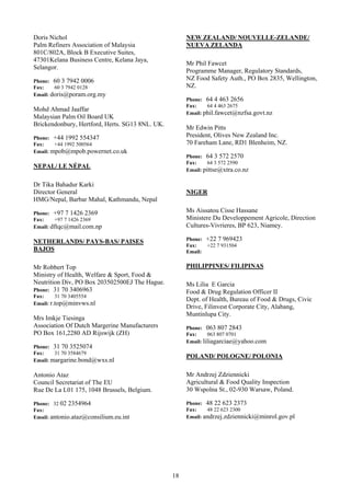 Doris Nichol                                          NEW ZEALAND/ NOUVELLE-ZELANDE/
Palm Refiners Association of Malaysia                 NUEVA ZELANDA
801C/802A, Block B Executive Suites,
47301Kelana Business Centre, Kelana Jaya,
                                                      Mr Phil Fawcet
Selangor.
                                                      Programme Manager, Regulatory Standards,
Phone: 60 3 7942 0006                                 NZ Food Safety Auth., PO Box 2835, Wellington,
Fax:    60 3 7942 0128                                NZ.
Email: doris@poram.org.my
                                                      Phone: 64 4 463 2656
                                                      Fax:    64 4 463 2675
Mohd Ahmad Jaaffar
                                                      Email: phil.fawcet@nzfsa.govt.nz
Malaysian Palm Oil Board UK
Brickendonbury, Hertford, Herts. SG13 8NL. UK.
                                                      Mr Edwin Pitts
Phone: +44 1992 554347                                President, Olives New Zealand Inc.
Fax:    +44 1992 500564                               70 Fareham Lane, RD1 Blenheim, NZ.
Email: mpob@mpob.powernet.co.uk
                                                      Phone: 64 3 572 2570
                                                      Fax:     64 3 572 2590
NEPAL/ LE NÉPAL
                                                      Email: pittse@xtra.co.nz

Dr Tika Bahadur Karki
Director General                                      NIGER
HMG/Nepal, Barbar Mahal, Kathmandu, Nepal

Phone: +97 7 1426 2369                                Ms Aissatou Cisse Hassane
Fax:    +97 7 1426 2369                               Ministere Du Developpement Agricole, Direction
Email: dftqc@mail.com.np                              Cultures-Vivrieres, BP 623, Niamey.

NETHERLANDS/ PAYS-BAS/ PAISES                         Phone: +22 7 969423
                                                      Fax:   +22 7 931504
BAJOS                                                 Email:


Mr Robbert Top                                        PHILIPPINES/ FILIPINAS
Ministry of Health, Welfare & Sport, Food &
Neutrition Div, PO Box 203502500EJ The Hague.         Ms Lilia E Garcia
Phone: 31 70 3406963                                  Food & Drug Regulation Officer II
Fax:     31 70 3405554
                                                      Dept. of Health, Bureau of Food & Drugs, Civic
Email: r.top@minvws.nl
                                                      Drive, Filinvest Corporate City, Alabang,
                                                      Muntinlupa City.
Mrs Imkje Tiesinga
Association Of Dutch Margerine Manufacturers          Phone: 063 807 2843
PO Box 161,2280 AD Rijswijk (ZH)                      Fax:     063 807 0701
                                                      Email: liliagarciae@yahoo.com
Phone: 31 70 3525074
Fax:    31 70 3584679
                                                      POLAND/ POLOGNE/ POLONIA
Email: margarine.bond@wxs.nl

Antonio Ataz                                          Mr Andrzej Zdziennicki
Council Secretariat of The EU                         Agricultural & Food Quality Inspection
Rue De La L01 175, 1048 Brussels, Belgium.            30 Wspolna St., 02-930 Warsaw, Poland.

Phone: 32 02 2354964                                  Phone: 48 22 623 2373
Fax:                                                  Fax:    48 22 623 2300
Email: antonio.ataz@consilium.eu.int                  Email: andrzej.zdziennicki@minrol.gov.pl




                                                 18
 