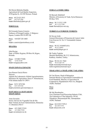 Ms Dorota Balinska-Hajduk,                              SYRIA/ LA SYRIE/ SIRIA
Agricultural & Food Quality Inspection,
30 Wspolna St., 02-930 Warsaw, Poland.
                                                        Dr Baroudi Abdullatif
Phone: 48 22 623 2915                                   Ministry of Economy & Trade, Syria-Damascus
Fax:    48 22 623 2996                                  PO Box 7076
Email: dbalinska@ijhars.gov.pl
                                                        Phone: 96 3 11512 1109
                                                        Fax:     96 3 11512 2390
PORTUGAL                                                Email: lbaroudi@scs-net.org


Mr Fernando Soares Carneiro                             TURKEY/ LA TURQUIE/ TURQUÍA
Embassy of Portugal/London, 11 Belgrave
Square, London SW1X 8PP UK
                                                        Dr Nevzat Artik
Phone: +44 0207 201 6805                                General Directorate of Protection & Control, Sehit
Fax:                                                    Cem Erseven Cd. No 11 Yenimahalle/Ankara-
Email: s.caneiro@portembassy.co.uk                      Turkiye

RWANDA                                                  Phone: 90 312 3436907(101)
                                                        Fax:    90 312 344687
                                                        Email: nartik@kkgm.gov.tr
John Ruziga
Dept. of Public Hygiene, PO Box 84, Kigaw,              Mr Taskin Tuglular
Rwanda                                                  Mustafa Mazharbey Sk.2/12, Selamicesme,
                                                        Kadikoy, Istanbul, Turkey
Phone: +25 008 573606
Fax:     +25 05 76140                                   Phone: 90 216 411 7664
Email: ruzigaj@yahoo.com                                Fax:    90 216 3867 391
                                                        Email: mumsad@mumsad.org.tr,
                                                        taskin.tuglular@mumsad.org.tr
SPAIN/ ESPANA/ ESPAGNE
                                                        THAILAND/ LA THAÏLANDE/ TAILANDIA
Jose Ramon Garcia Hierro
Director
                                                        Dr Utai Pisone, Head of Delegation
Adjunto De Laboratorio Arbitral Agroalimentario,
                                                        National Bureau of Agricultural Commodities &
Ministerio De Agricultura, Pesca Y Alimentacion,
                                                        Food Standards, Ministry of Agriculture &
P De Infanta Isabel N1-28071
                                                        Cooperatives, Rajadamnern Nok Ave, Bangkok
Phone: 34 91 3474 966                                   10200, Thailand
Fax:     34 91 3474 968
                                                        Phone:
Email: joseramon.garcia@mapya.es
                                                        Email:

SLOVAKIA/ LA SLOVAQUIE/                                 Mr Sek Boonbunloo
ESLOVAQUIA                                              Vice Chairman Food Processing Industry Club,
                                                        The Federation of Thai Industries, 99 Soi
Anna Zavracka                                           Thanakorn, Phrasamutjedi Rd., Samutprakan
Senior Advisor for Vegetable Fats & Oils                10290, Thailand
State Vetinary & Food Administration, Botanicka
17, Bratislava 84213                                    Phone: 66 0 2819 7470-3
                                                        Fax:     66 0 2819 7478
Phone: +42 12602 57410                                  Email: sek@cook.co.th
Fax:    +42 12602 57450
Email: zavracka@svssr.sk




                                                   19
 