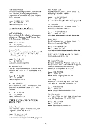 Ms Nalinthip Peanee                                    Miss Mariam Shah
National Bureau of Agricultural Commodities &          Food Standards Agency, Aviation House, 125
Food Standards, Ministry of Agriculture &              Kingsway London WC2B 6NH
Cooperatives, Rajadamnern Nok Ave, Bangkok
10200, Thailand                                        Phone: +44 020 7276 8162
                                                       Fax:    +44 020 7276 8198
Phone: 66 0 2283 1600 (1182)                           Email: mariam.shah@foodstandards.gsi.gov.uk
Fax:    66 0 2280 3899
Email: nalinthip@acfs.go.th                            Mr Paul Nunn
                                                       Food Standards Agency, Aviation House, 125
TUNISIA/ LA TUNISIE/ TÚNEZ                             Kingsway London WC2B 6NH

                                                       Phone: +44 020 7276 8160
Mr H’Mad Zakaria                                       Fax:     +44 020 7276 8198
Directeur Generale des Industries Alimentaires,        Email: paul.nunn@foodstandards.gsi.gov.uk
Ministere de L’Industrie et de L’Energie, Rue
8011 Montplaiser, 1002 Tunis                           Roger Wood
                                                       Food Standards Agency, Aviation House, 125
Phone: 216 71 289562                                   Kingsway London WC2B 6NH
Fax:    216 71 789159
Email: zakaria.hmad@email.ati.tn                       Phone: +44 01603 255 231
                                                       Fax:     +44 020 7276 8198
Amamou Tarek                                           Email: roger.wood@foodstandards.gsi.gov.uk
Directeur De La Normalisation et Du Controle De
La Qualite, Office National De L’Huile, 10 Ave         UNITED STATES OF AMERICA/ ETATS-
Mohamed V, 1001-Tunis                                  UNIS/ ESTADOS UNIDOS
Phone: 216 71 345566
Fax:     216 71 351883                                 Mr Charles W Cooper
Email: tarek.amamou@gnet.tn                            Director, International Activities Staff, Food &
                                                       Drug Admin, Centre For Food Safety& Applied
Ben Ammar Kamel                                        Nutrition, 5100 Paint Branch Parkway,
Chef De Labortoire D’Analyse Des Huiles, Office        Rm.1B068, College Park, MD 20740.
National De L’Huile, 10 Ave Mohamed V, 1001-
Tunis                                                  Phone: 301 436 1714
                                                       Fax:    301 436 2618
Phone: 216 71 345566                                   Email: charles.cooper@cfsan.fda.gov
Fax:     216 71 351883
Email: info@onh.com.tn                                 Jane Earley
                                                       Consultant, American Soy Bean Association
Ben Fredj Mohamed                                      1101 King St., Suite 444, Alexandria, VA
Directeur General, Center Technique de L’agro
alimentaire, 12 Rue de L’Usine, 2035 Tunis-            Phone: 703 838 0602
Carthage                                               Fax:     703 739 9098
                                                       Email: jearley@pomarinternational   .com
Phone: 216 71 940198
Fax:     216 71 941080                                 Ms Ellen Matten
Email: ctaa@email.ati.tn                               US Codex Office, Rm 4861, 1400 Independence
                                                       Ave, SW, Washington DC 20250-3700
UNITED KINGDOM/ ROYAUME-UNI/
REINDO UNIDO                                           Phone: 202 720 4063
                                                       Fax:     202 720 3157
                                                       Email: ellen.matten@fsis.usda.gov
Andrew Damant
Food Standards Agency, Aviation House, 125
Kingsway London WC2B 6NH

Phone: +44 020 7276 8757
Fax:    +44 020 7276 8198
Email: andrew.damant@foodstandards.gsi.gov.uk



                                                  20
 