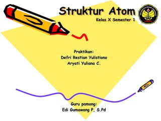 Struktur Atom
Kelas X Semester 1
Praktikan:
Defri Restian Yulistiono
Aryati Yuliana C.
Guru pamong:
Edi Gumawang P, S.Pd
 