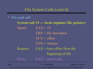 File System Calls (cont’d) File seek call System call 19 --- lseek (updates file pointer) Inputs:  EAX = 19 EBX = file descriptor ECX = offset EDX = whence Returns:  EAX = byte offset from the    beginning of file Error:  EAX = error code 