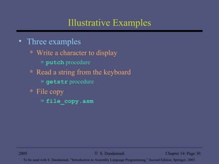Illustrative Examples Three examples Write a character to display  putch  procedure Read a string from the keyboard  getstr  procedure File copy  file_copy.asm 
