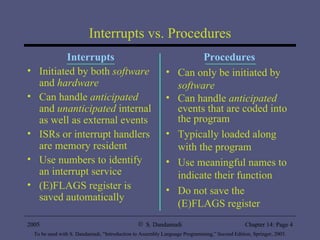 Interrupts vs. Procedures Interrupts Initiated by both  software  and  hardware Can handle  anticipated  and  unanticipated  internal as well as external events ISRs or interrupt handlers are memory resident Use numbers to identify an interrupt service (E)FLAGS register is saved automatically Procedures Can only be initiated by  software Can handle  anticipated  events that are coded into the program Typically loaded along with the program Use meaningful names to indicate their function Do not save the (E)FLAGS register 