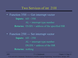 Two Services of int  21H Function 35H --- Get interrupt vector  Inputs:   AH  =  35H   AL = interrupt type number Returns:   ES:BX = address of the specified ISR Function 25H --- Set interrupt vector  Inputs:   AH  =  25H   AL = interrupt type number   DS:DX = address of the ISR Returns:  nothing 